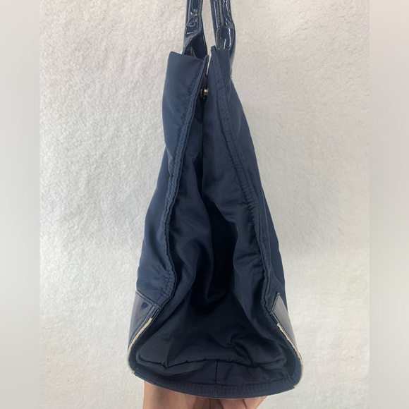 Tory Burch Ella Tote Women’s L Navy Blue Leather Trimmed Carryall Handbag Logo - Picture 8 of 16